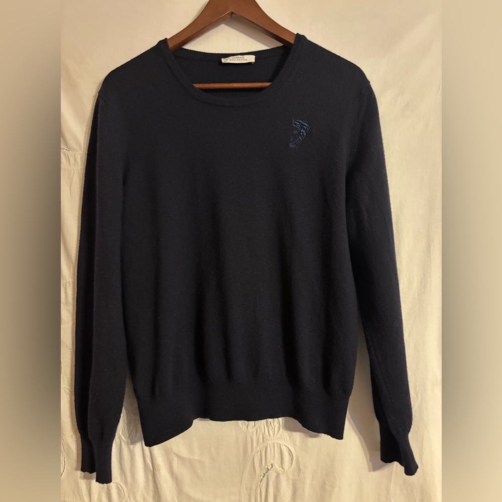 Navy Versace collection men’s crew neck pullover embroidered Medusa head logo.